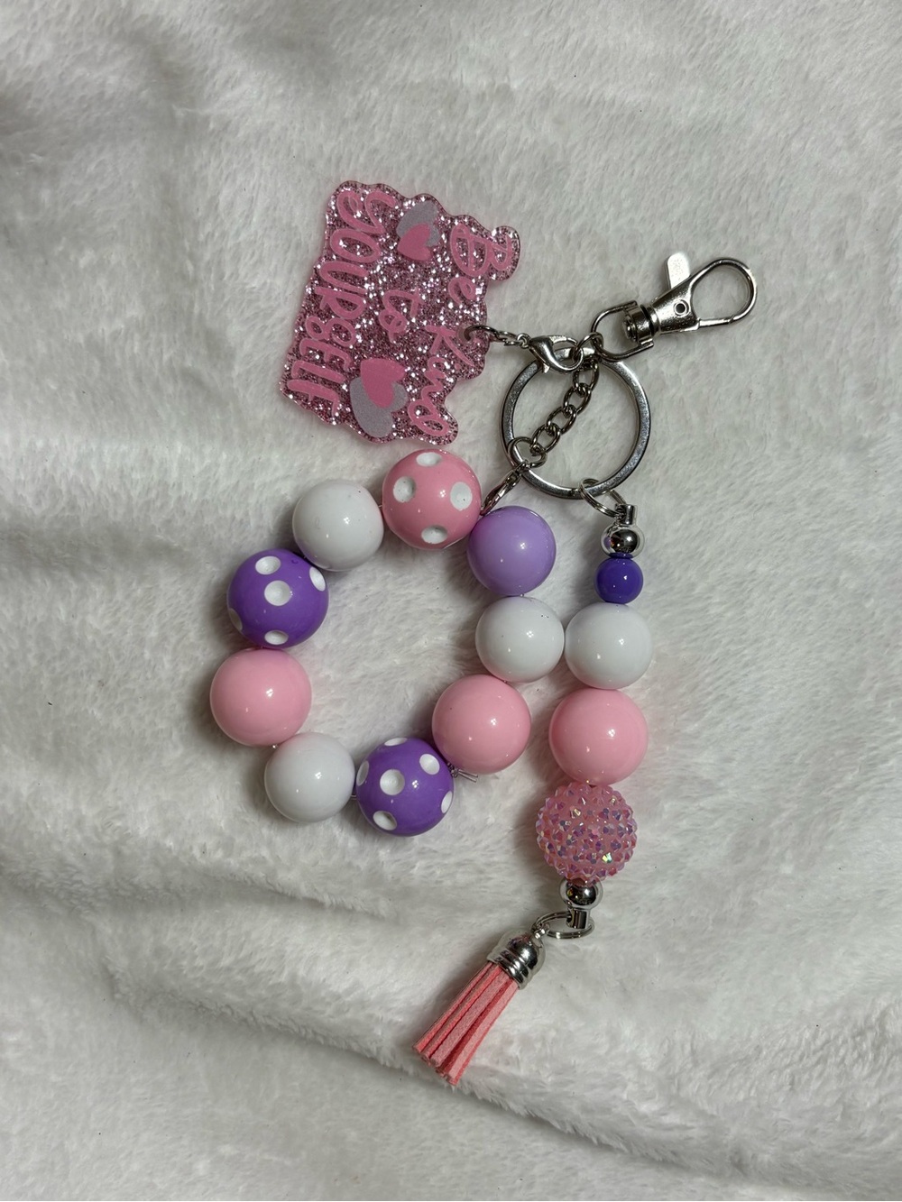 Pink & Purple Beaded Keychain Wristlet with Tassel “Be Kind”